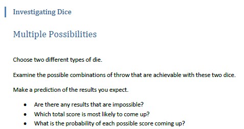 Investigating possible outcomes for dice throws using experimental methods.